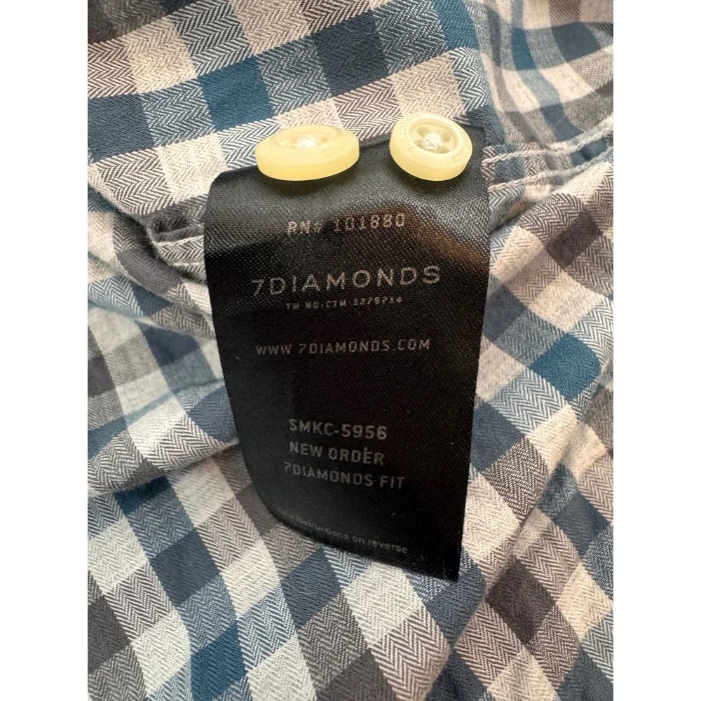 7Diamonds New Order Shirt Mens Medium Blue Grey Gingham Plaid Long Sleeve‎